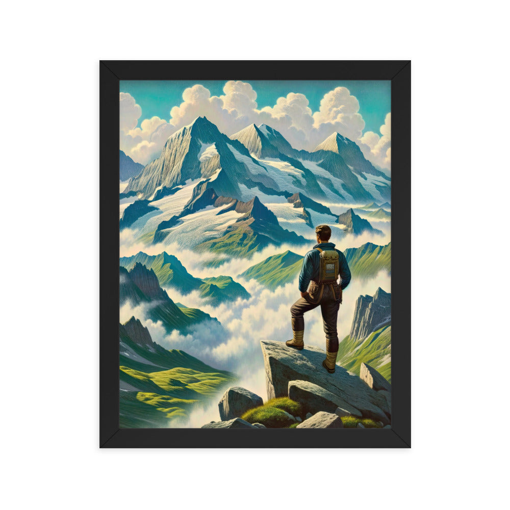 Panoramablick der Alpen mit Wanderer auf einem Hügel und schroffen Gipfeln - Premium Poster mit Rahmen wandern xxx yyy zzz 27.9 x 35.6 cm