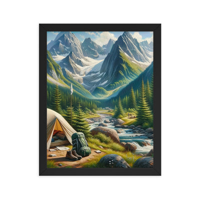 Ölgemälde der Alpensommerlandschaft mit Zelt, Gipfeln, Wäldern und Bächen - Premium Poster mit Rahmen camping xxx yyy zzz 27.9 x 35.6 cm