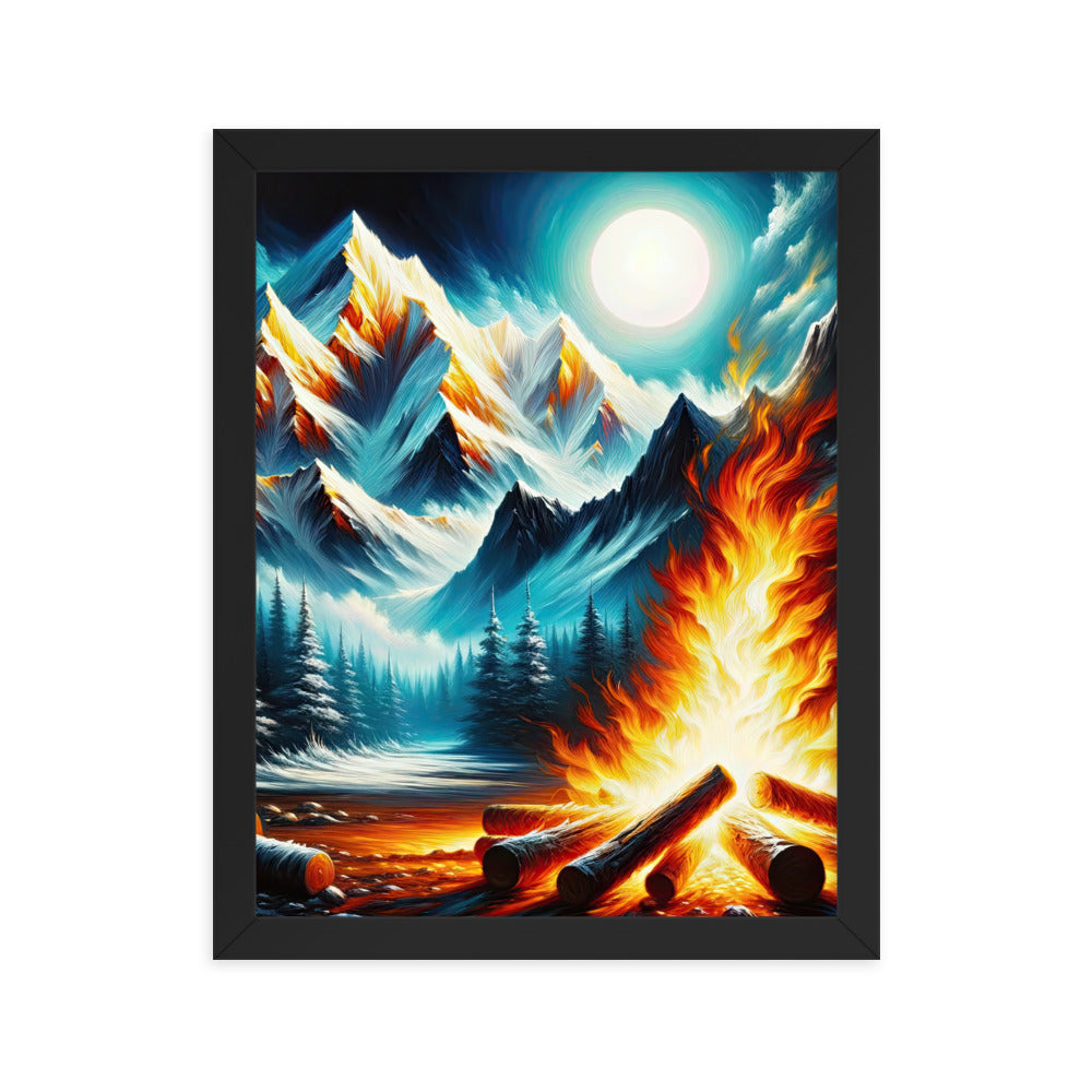 Ölgemälde von Feuer und Eis: Lagerfeuer und Alpen im Kontrast, warme Flammen - Premium Poster mit Rahmen camping xxx yyy zzz 27.9 x 35.6 cm