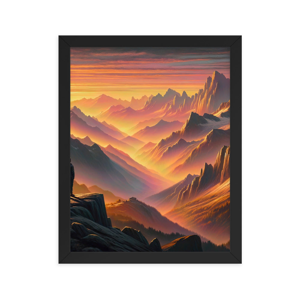 Ölgemälde der Alpen in der goldenen Stunde mit Wanderer, Orange-Rosa Bergpanorama - Premium Poster mit Rahmen wandern xxx yyy zzz 27.9 x 35.6 cm