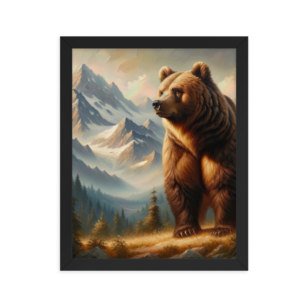 Ölgemälde eines königlichen Bären vor der majestätischen Alpenkulisse - Premium Poster mit Rahmen camping xxx yyy zzz 27.9 x 35.6 cm