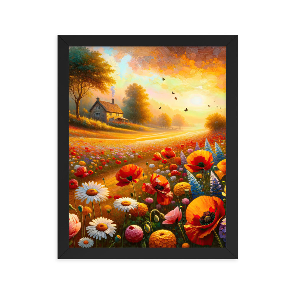 Ölgemälde eines Blumenfeldes im Sonnenuntergang, leuchtende Farbpalette - Premium Poster mit Rahmen camping xxx yyy zzz 27.9 x 35.6 cm