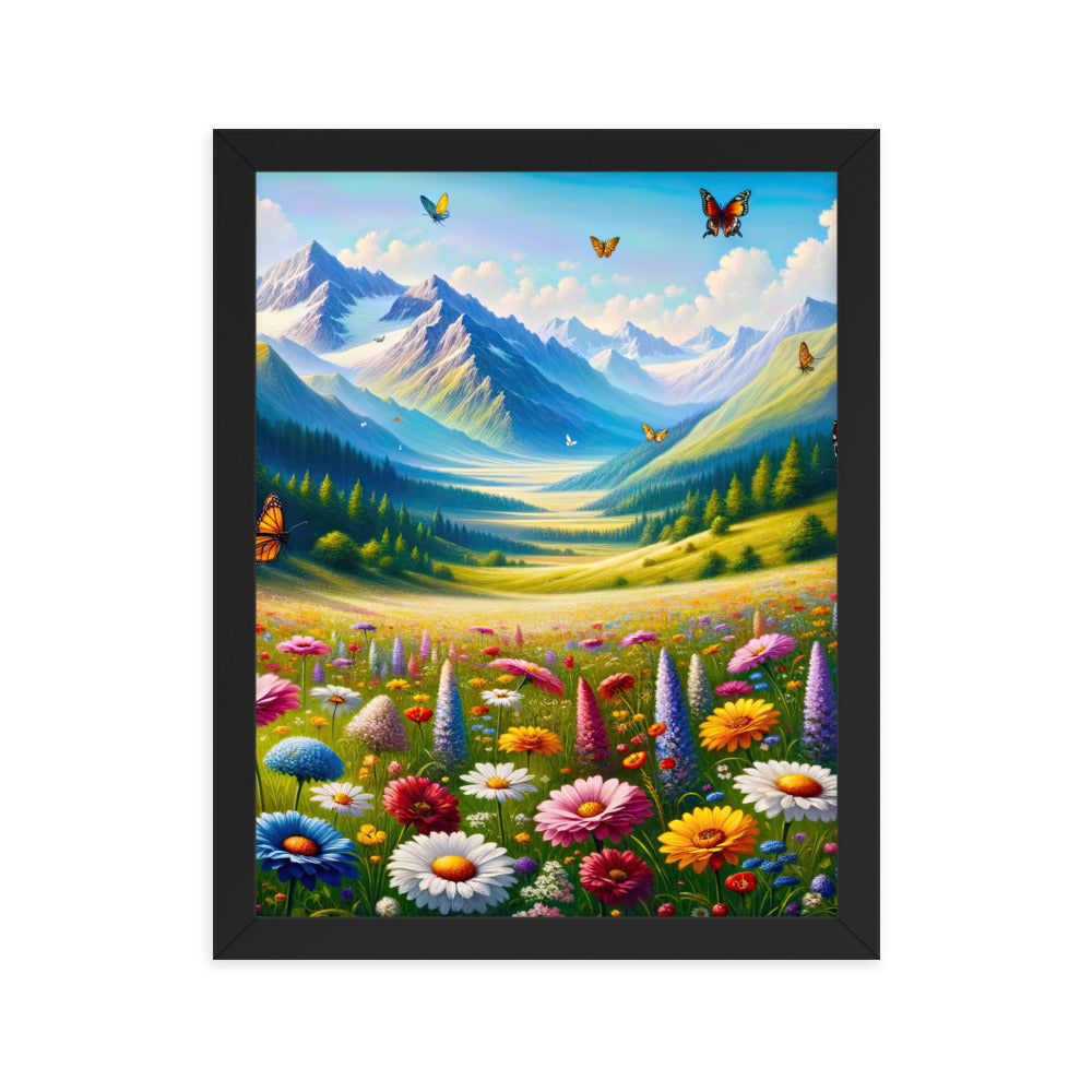 Ölgemälde einer ruhigen Almwiese, Oase mit bunter Wildblumenpracht - Premium Poster mit Rahmen camping xxx yyy zzz 27.9 x 35.6 cm
