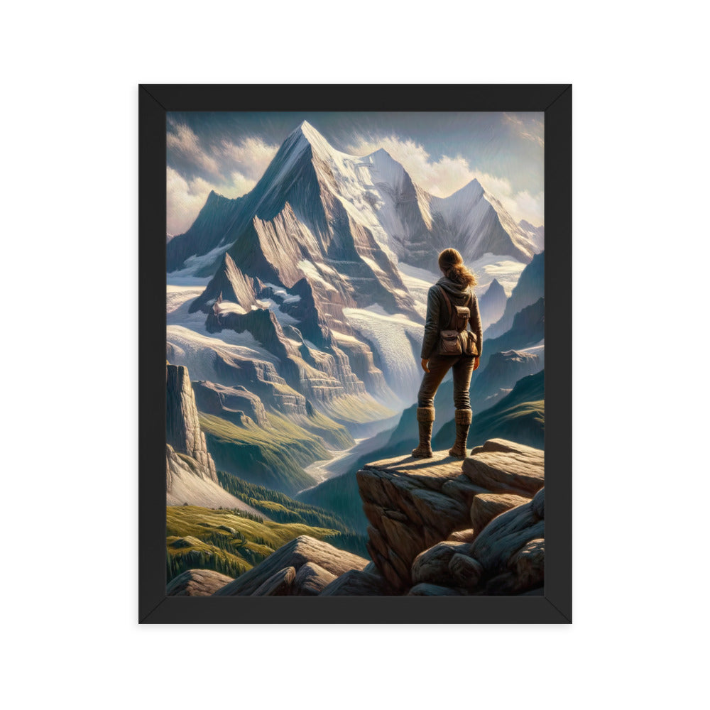 Ölgemälde der Alpengipfel mit Schweizer Abenteurerin auf Felsvorsprung - Premium Poster mit Rahmen wandern xxx yyy zzz 27.9 x 35.6 cm