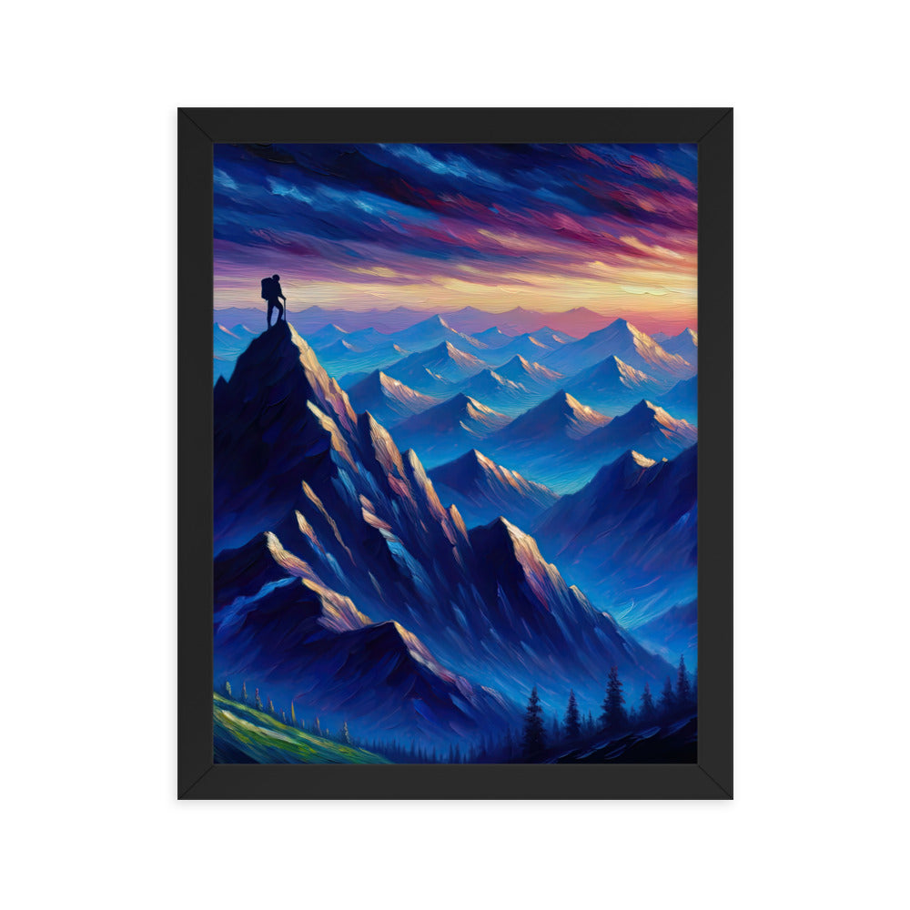 Ölgemälde eines ruhigen Alpenabends mit Bergsteigersilhouette auf dem Gipfel - Premium Poster mit Rahmen wandern xxx yyy zzz 27.9 x 35.6 cm