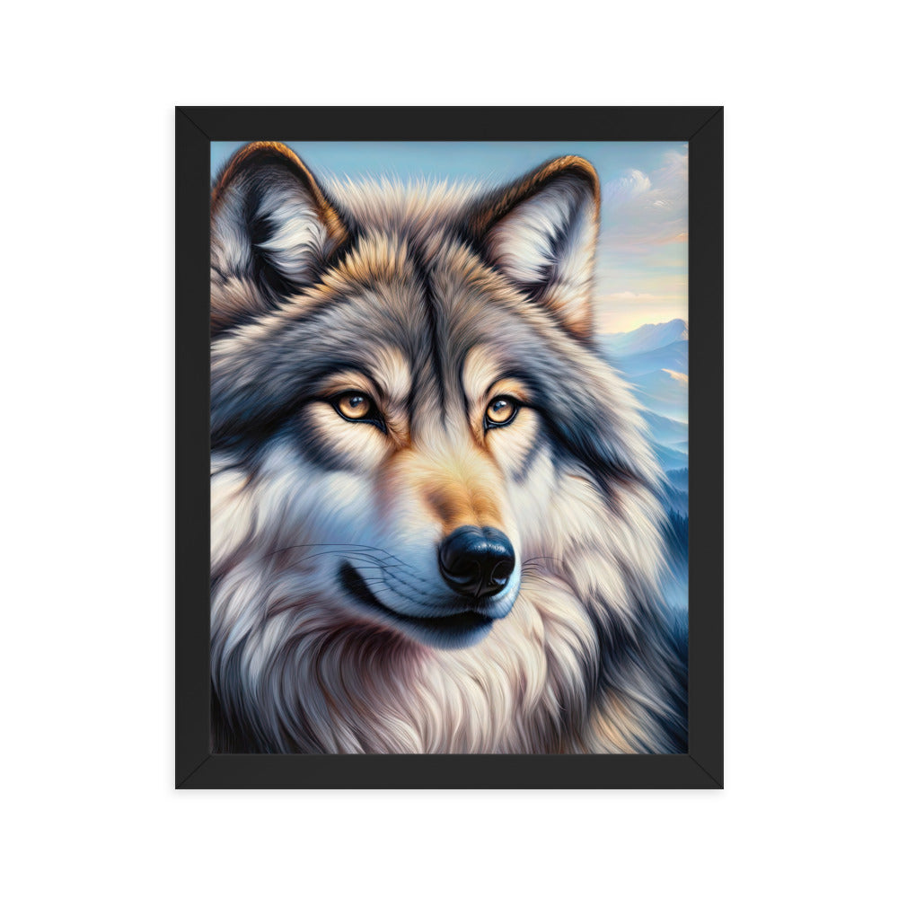 Ölgemäldeporträt eines majestätischen Wolfes mit intensiven Augen in der Berglandschaft (AN) - Premium Poster mit Rahmen xxx yyy zzz 27.9 x 35.6 cm