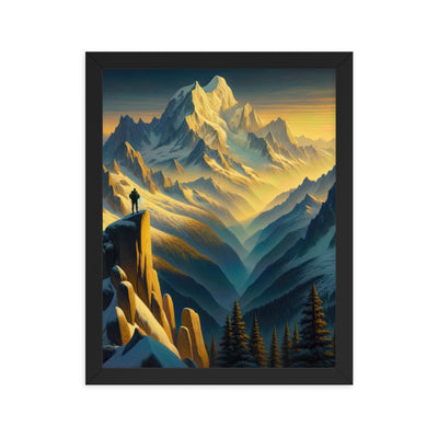 Ölgemälde eines Wanderers bei Morgendämmerung auf Alpengipfeln mit goldenem Sonnenlicht - Premium Poster mit Rahmen wandern xxx yyy zzz 27.9 x 35.6 cm