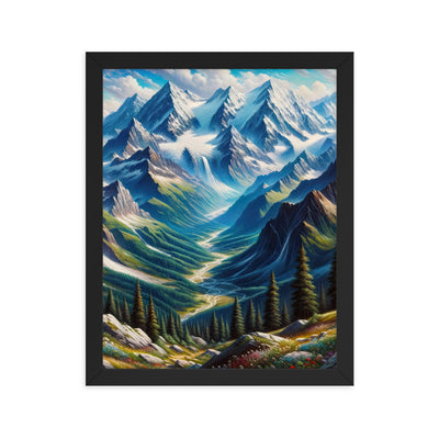 Panorama-Ölgemälde der Alpen mit schneebedeckten Gipfeln und schlängelnden Flusstälern - Premium Poster mit Rahmen berge xxx yyy zzz 27.9 x 35.6 cm