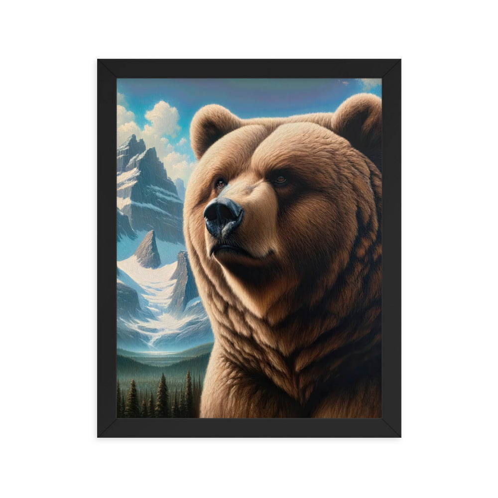 Realistisches Ölgemälde eines männlichen Bären in den Bergen mit Fokus auf Stärke und Schärfe - Premium Poster mit Rahmen camping xxx yyy zzz 27.9 x 35.6 cm