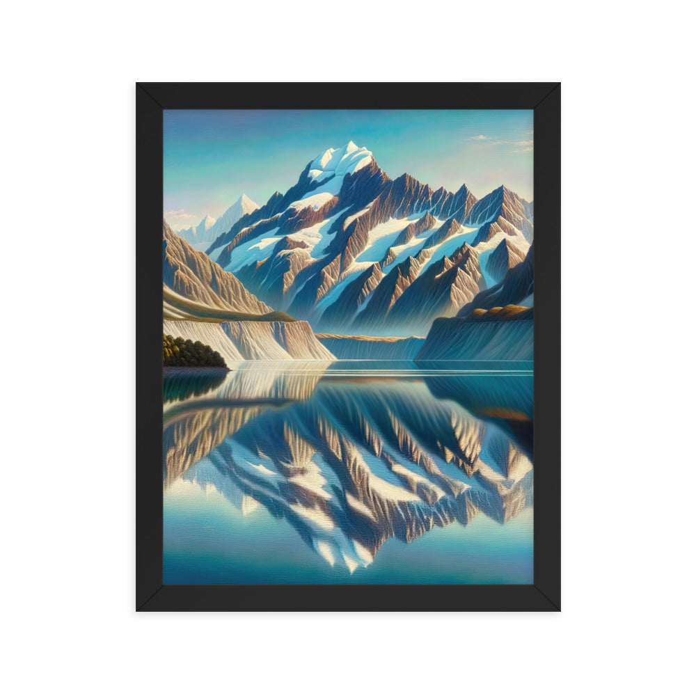 Ölgemälde eines unberührten Sees, der die Bergkette spiegelt - Premium Poster mit Rahmen berge xxx yyy zzz 27.9 x 35.6 cm
