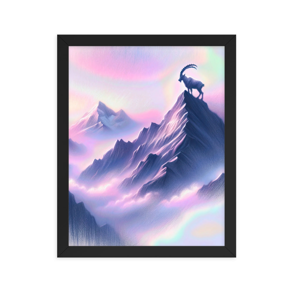 Pastellzeichnung der Alpen im Morgengrauen mit Steinbock in Rosa- und Lavendeltönen - Premium Poster mit Rahmen berge xxx yyy zzz 27.9 x 35.6 cm