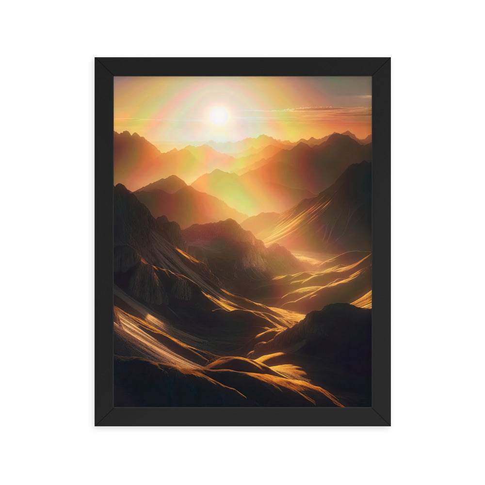 Foto der goldenen Stunde in den Bergen mit warmem Schein über zerklüftetem Gelände - Premium Poster mit Rahmen berge xxx yyy zzz 27.9 x 35.6 cm