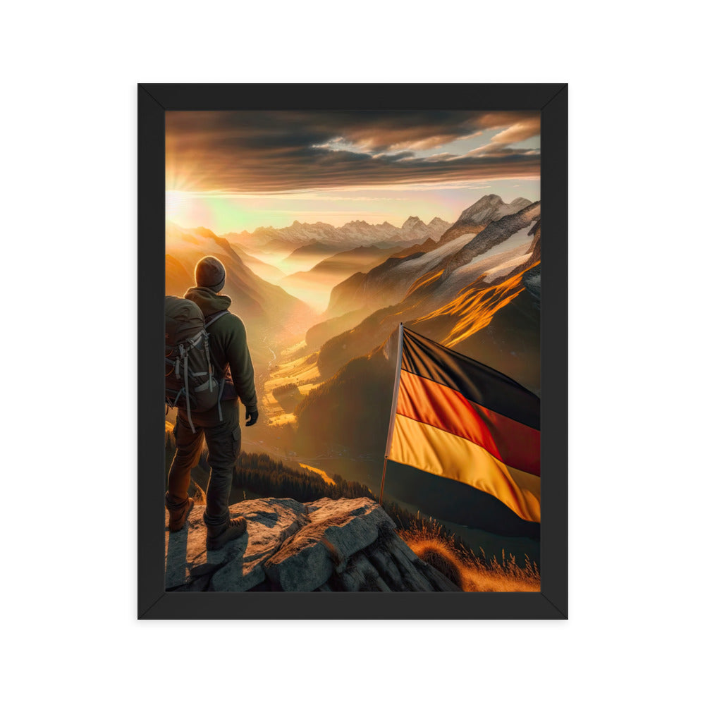 Foto der Alpen bei Sonnenuntergang mit deutscher Flagge und Wanderer, goldenes Licht auf Schneegipfeln - Enhanced Matte Paper Framed berge xxx yyy zzz 27.9 x 35.6 cm