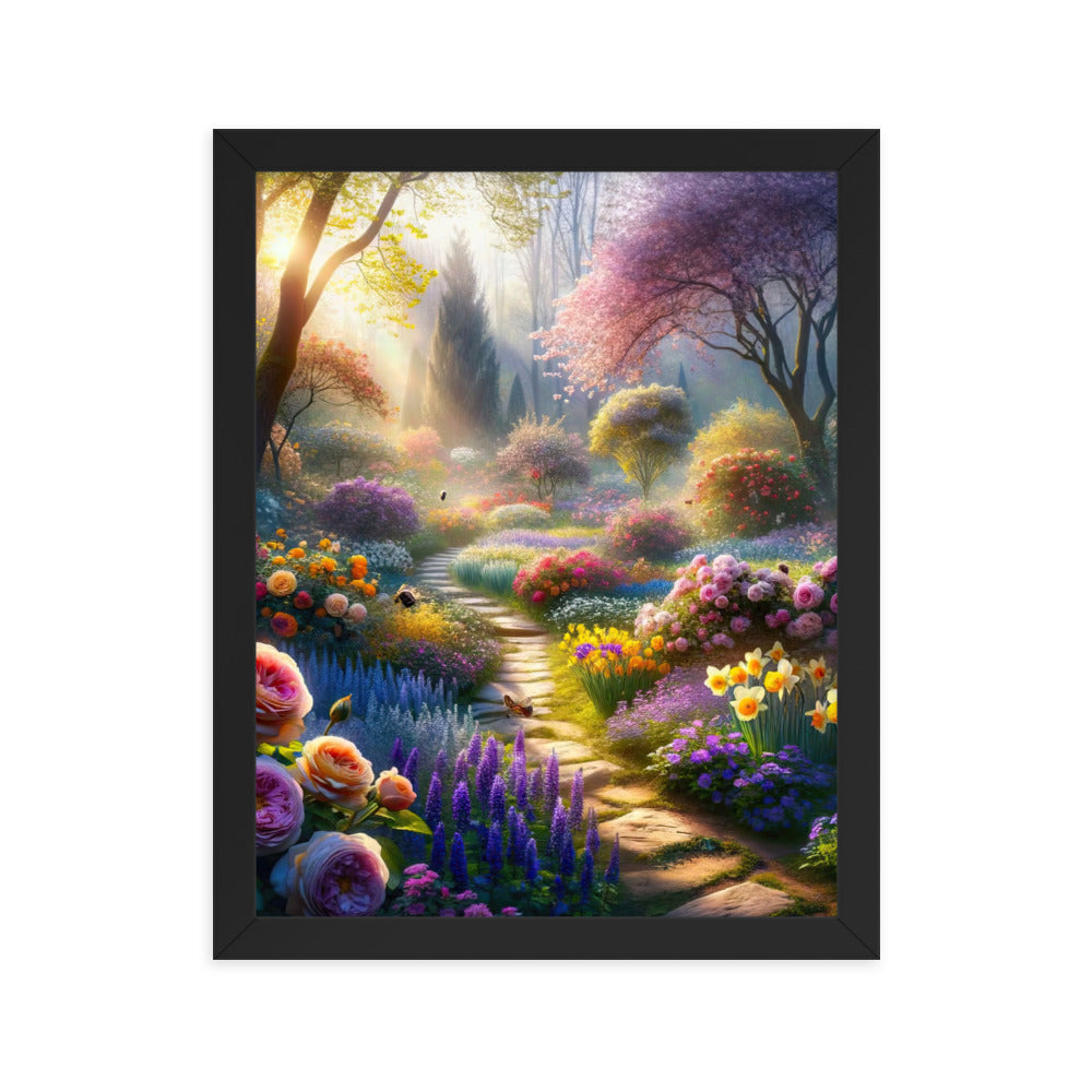 Foto einer Gartenszene im Frühling mit Weg durch blühende Rosen und Veilchen - Premium Poster mit Rahmen camping xxx yyy zzz 27.9 x 35.6 cm