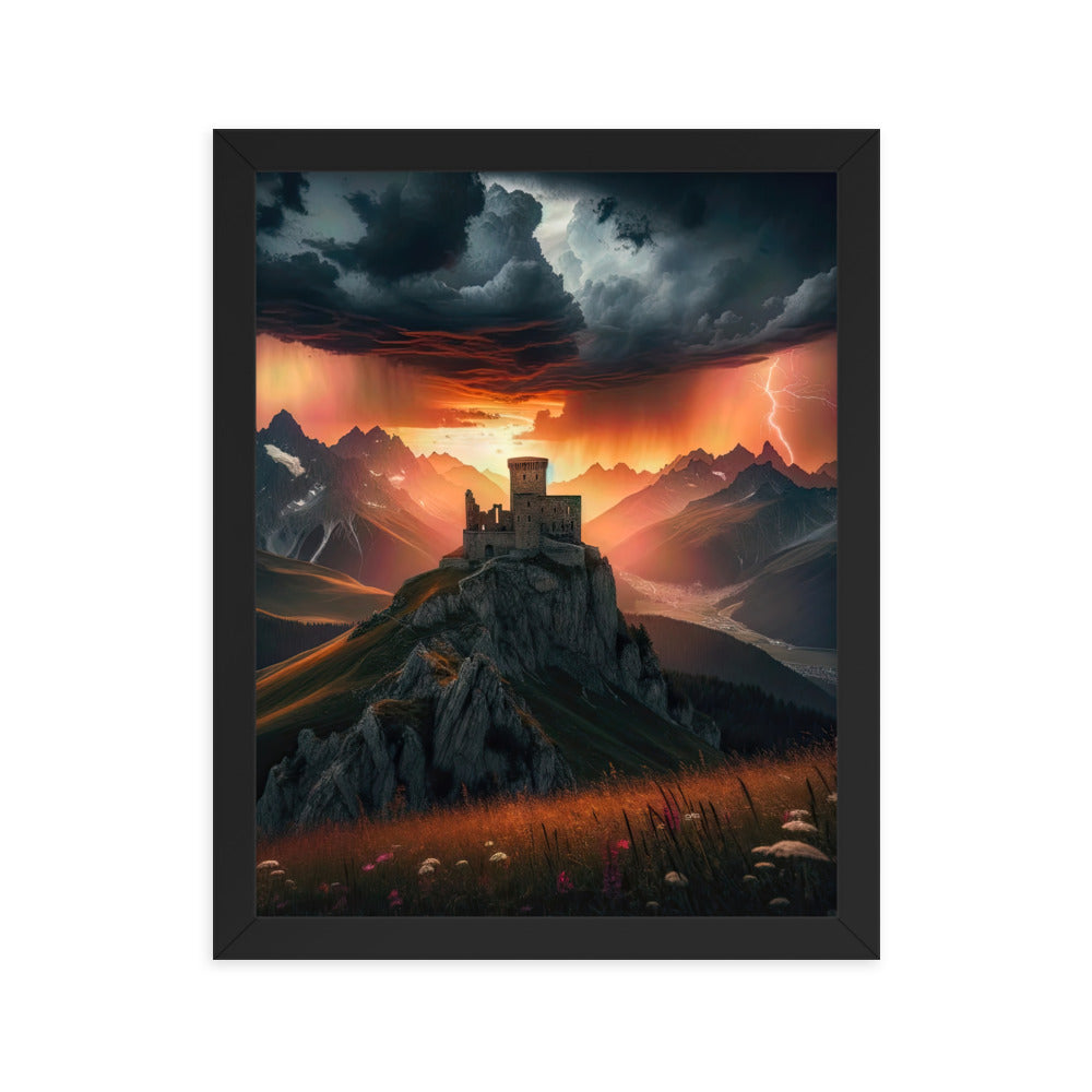 Foto einer Alpenburg bei stürmischem Sonnenuntergang, dramatische Wolken und Sonnenstrahlen - Premium Poster mit Rahmen berge xxx yyy zzz 27.9 x 35.6 cm
