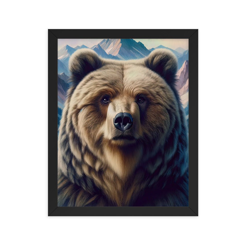 Foto eines Bären vor abstrakt gemalten Alpenbergen, Oberkörper im Fokus - Premium Poster mit Rahmen camping xxx yyy zzz 27.9 x 35.6 cm