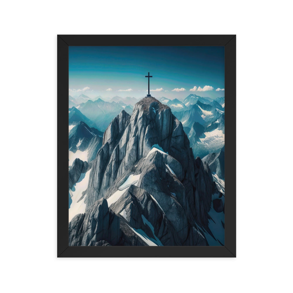 Foto der Alpen mit Gipfelkreuz an einem klaren Tag, schneebedeckte Spitzen vor blauem Himmel - Premium Poster mit Rahmen berge xxx yyy zzz 27.9 x 35.6 cm