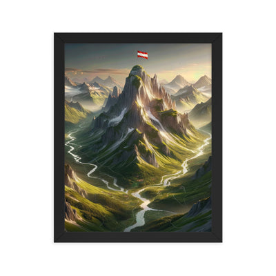 Fotorealistisches Bild der Alpen mit österreichischer Flagge, scharfen Gipfeln und grünen Tälern - Enhanced Matte Paper Framed Poster berge xxx yyy zzz 27.9 x 35.6 cm
