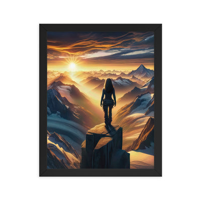 Fotorealistische Darstellung der Alpen bei Sonnenaufgang, Wanderin unter einem gold-purpurnen Himmel - Enhanced Matte Paper Framed wandern xxx yyy zzz 27.9 x 35.6 cm