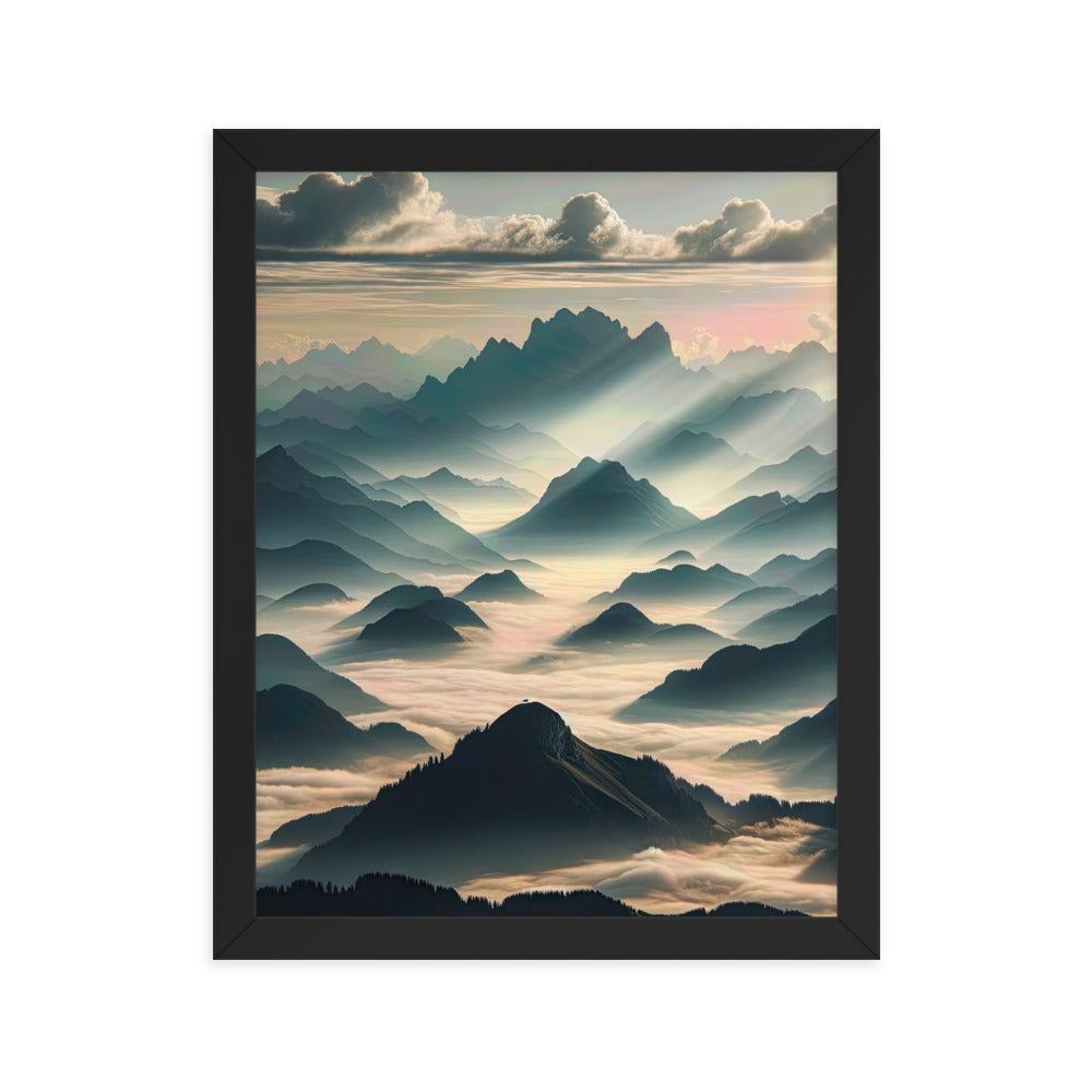 Foto der Alpen im Morgennebel, majestätische Gipfel ragen aus dem Nebel - Premium Poster mit Rahmen berge xxx yyy zzz 27.9 x 35.6 cm