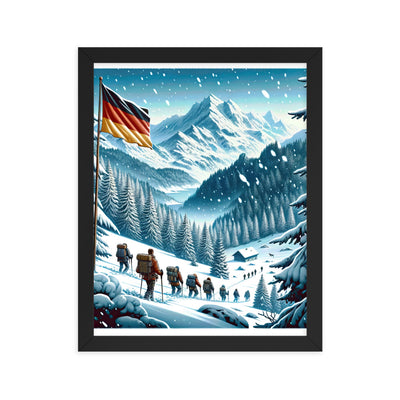 Quadratische Winterillustration der Alpen mit deutscher Flagge und Wanderteam - Premium Poster mit Rahmen wandern xxx yyy zzz 27.9 x 35.6 cm