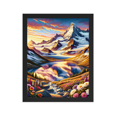 Quadratische Illustration der Alpen mit schneebedeckten Gipfeln und Wildblumen - Premium Poster mit Rahmen berge xxx yyy zzz 27.9 x 35.6 cm