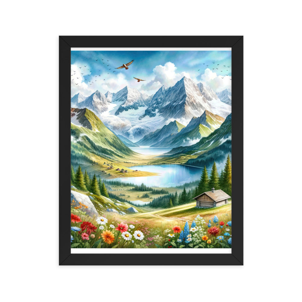 Quadratisches Aquarell der Alpen, Berge mit schneebedeckten Spitzen - Premium Poster mit Rahmen berge xxx yyy zzz 27.9 x 35.6 cm