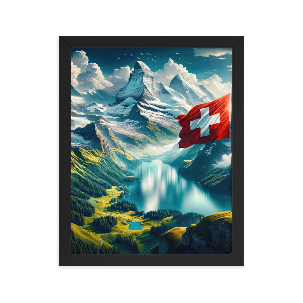 Ultraepische, fotorealistische Darstellung der Schweizer Alpenlandschaft mit Schweizer Flagge - Premium Poster mit Rahmen berge xxx yyy zzz 27.9 x 35.6 cm