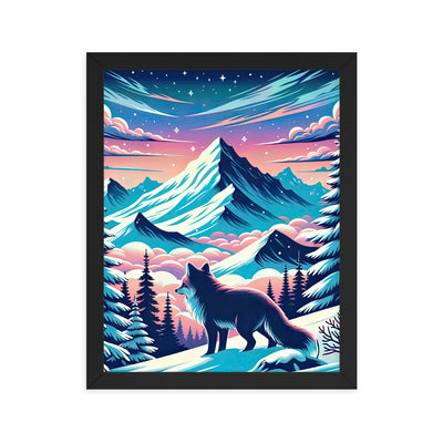 Vektorgrafik eines alpinen Winterwunderlandes mit schneebedeckten Kiefern und einem Fuchs - Premium Poster mit Rahmen camping xxx yyy zzz 27.9 x 35.6 cm