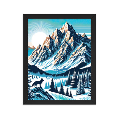 Vektorgrafik eines Wolfes im winterlichen Alpenmorgen, Berge mit Schnee- und Felsmustern - Premium Poster mit Rahmen berge xxx yyy zzz 27.9 x 35.6 cm