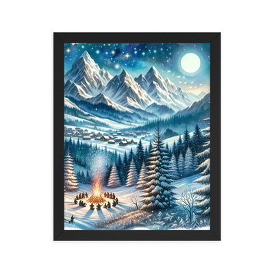 Aquarell eines Winterabends in den Alpen mit Lagerfeuer und Wanderern, glitzernder Neuschnee - Premium Poster mit Rahmen camping xxx yyy zzz 27.9 x 35.6 cm