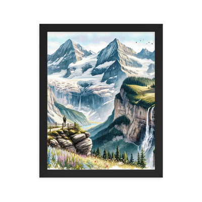 Aquarell-Panoramablick der Alpen mit schneebedeckten Gipfeln, Wasserfällen und Wanderern - Premium Poster mit Rahmen wandern xxx yyy zzz 27.9 x 35.6 cm