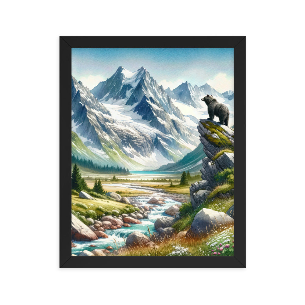 Aquarellmalerei eines Bären und der sommerlichen Alpenschönheit mit schneebedeckten Ketten - Premium Poster mit Rahmen camping xxx yyy zzz 27.9 x 35.6 cm
