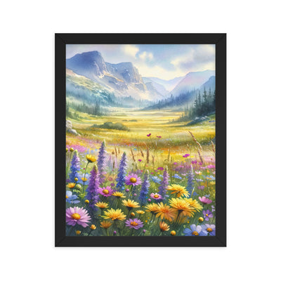 Aquarell einer Almwiese in Ruhe, Wildblumenteppich in Gelb, Lila, Rosa - Premium Poster mit Rahmen berge xxx yyy zzz 27.9 x 35.6 cm