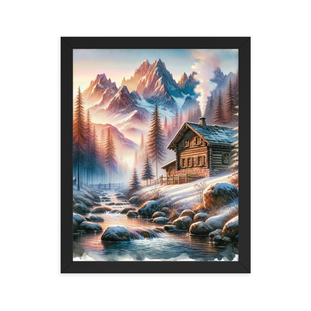 Aquarell einer Alpenszene im Morgengrauen, Haus in den Bergen - Premium Poster mit Rahmen berge xxx yyy zzz 27.9 x 35.6 cm