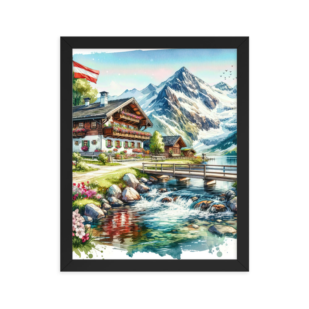 Aquarell der frühlingshaften Alpenkette mit österreichischer Flagge und schmelzendem Schnee - Premium Poster mit Rahmen berge xxx yyy zzz 27.9 x 35.6 cm