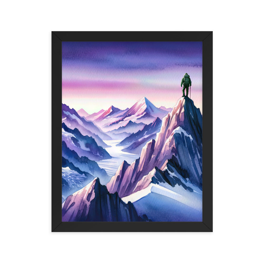 Aquarell eines Bergsteigers auf einem Alpengipfel in der Abenddämmerung - Premium Poster mit Rahmen wandern xxx yyy zzz 27.9 x 35.6 cm