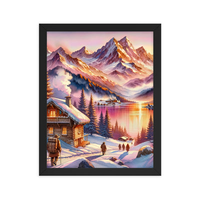 Aquarell eines Alpenpanoramas mit Wanderern bei Sonnenuntergang in Rosa und Gold - Premium Poster mit Rahmen wandern xxx yyy zzz 27.9 x 35.6 cm