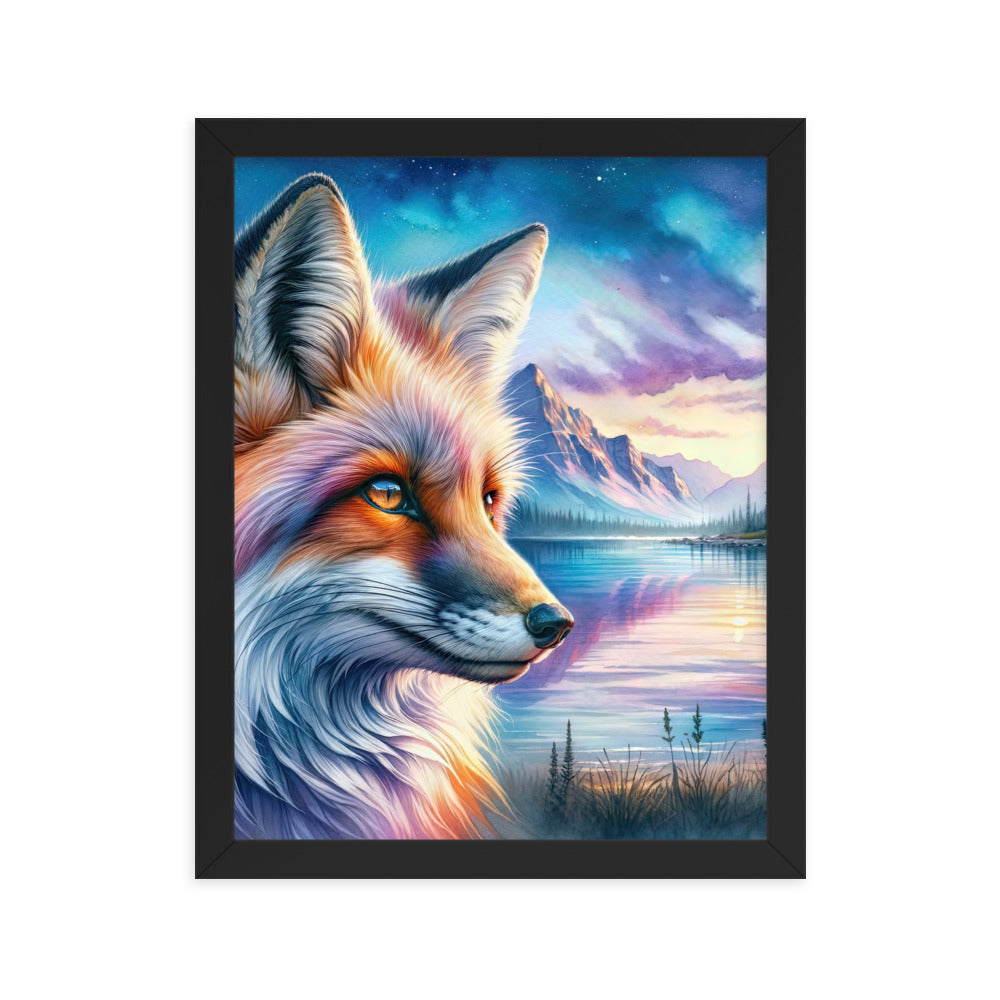 Aquarellporträt eines Fuchses im Dämmerlicht am Bergsee - Premium Poster mit Rahmen camping xxx yyy zzz 27.9 x 35.6 cm