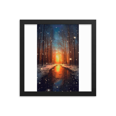 Bäume im Winter, Schnee, Sonnenaufgang und Fluss - Premium Poster mit Rahmen camping xxx Black 30.5 x 30.5 cm