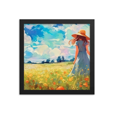 Dame mit Hut im Feld mit Blumen - Landschaftsmalerei - Premium Poster mit Rahmen camping xxx Black 30.5 x 30.5 cm