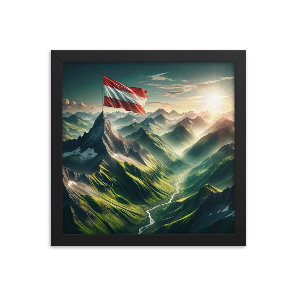 Alpen Gebirge: Fotorealistische Bergfläche mit Österreichischer Flagge - Premium Poster mit Rahmen berge xxx yyy zzz 30.5 x 30.5 cm