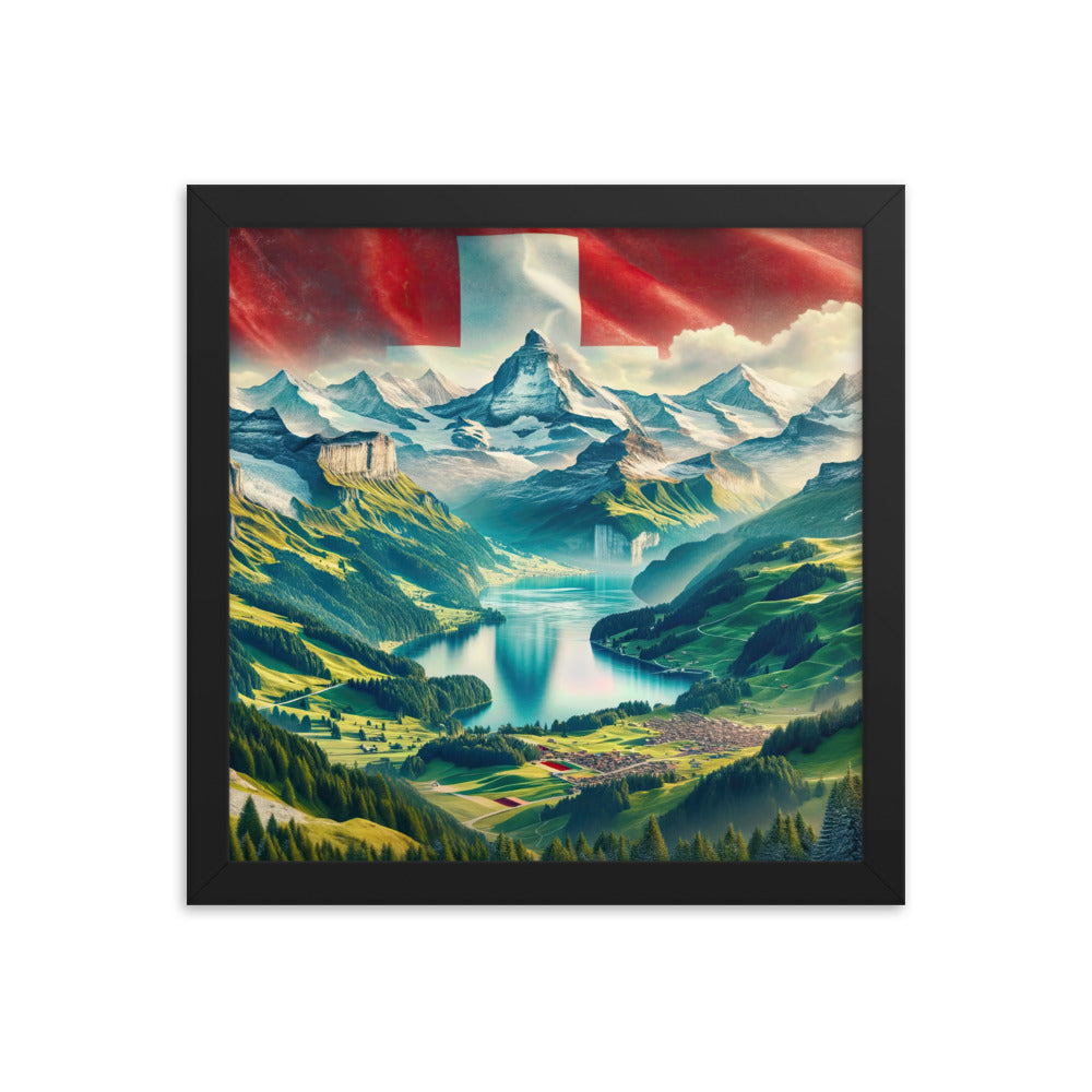Berg Panorama: Schneeberge und Täler mit Schweizer Flagge - Premium Poster mit Rahmen berge xxx yyy zzz 30.5 x 30.5 cm