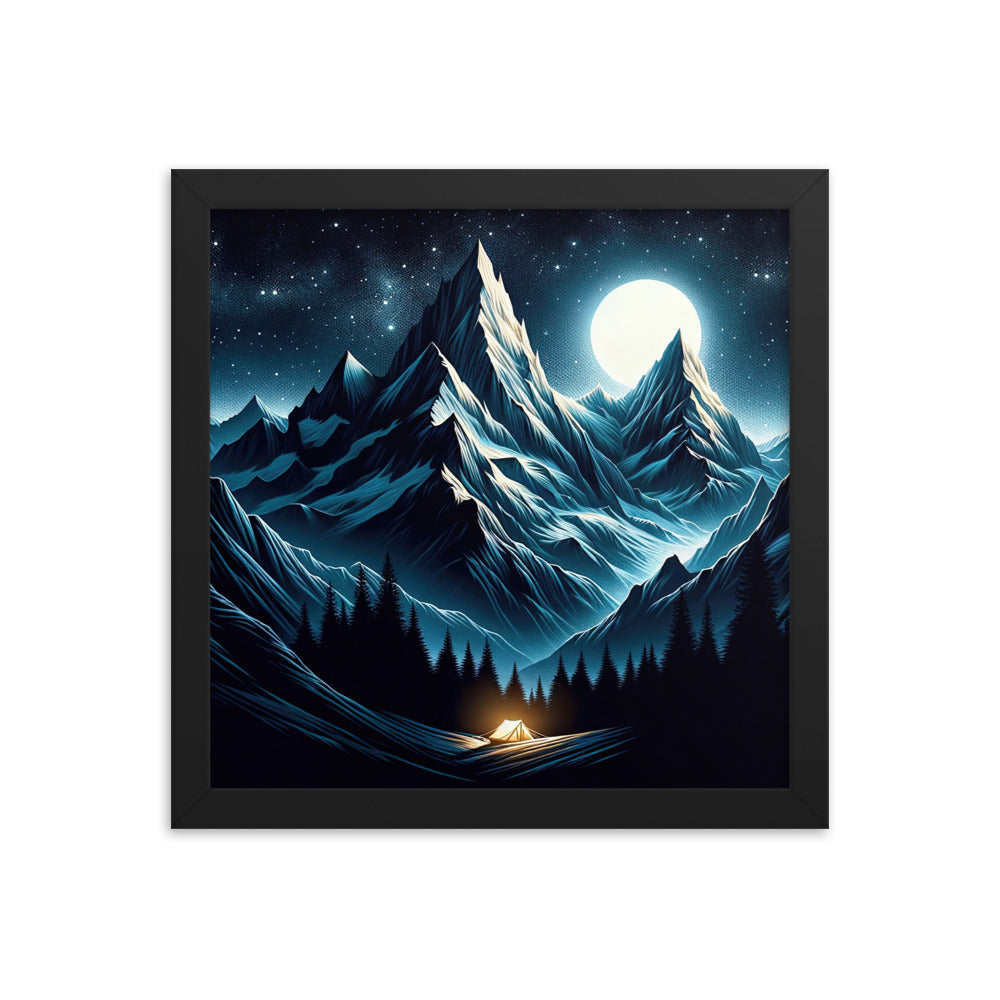 Alpennacht mit Zelt: Mondglanz auf Gipfeln und Tälern, sternenklarer Himmel - Premium Poster mit Rahmen berge xxx yyy zzz 30.5 x 30.5 cm