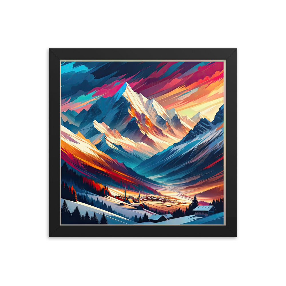Moderne geometrische Alpen Kunst: Warmer Sonnenuntergangs Schein auf Schneegipfeln - Premium Poster mit Rahmen berge xxx yyy zzz 30.5 x 30.5 cm