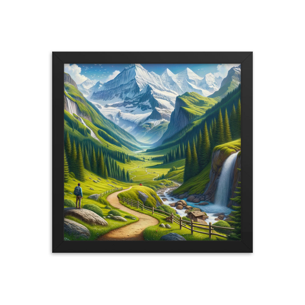 Wanderer in den Bergen und Wald: Digitale Malerei mit grünen kurvenreichen Pfaden - Premium Poster mit Rahmen wandern xxx yyy zzz 30.5 x 30.5 cm