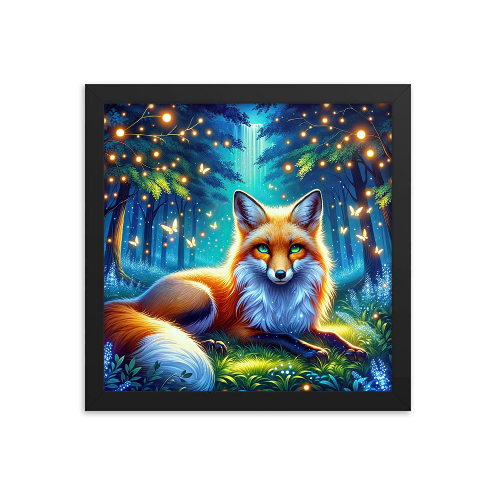 Funkelnder Nachtfuchs auf Waldlichtung mit Feuerwerk - Premium Poster mit Rahmen camping xxx yyy zzz 30.5 x 30.5 cm