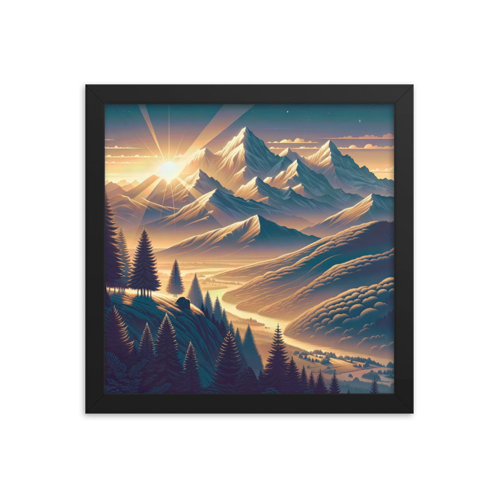Alpen-Morgendämmerung, erste Sonnenstrahlen auf Schneegipfeln - Premium Poster mit Rahmen berge xxx yyy zzz 30.5 x 30.5 cm
