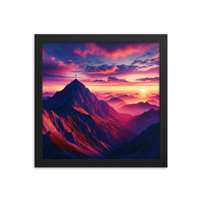 Dramatischer Alpen-Sonnenaufgang, Gipfelkreuz und warme Himmelsfarben - Premium Poster mit Rahmen berge xxx yyy zzz 30.5 x 30.5 cm