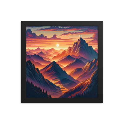 Dramatischer Alpen-Sonnenuntergang, Gipfelkreuz in Orange-Rosa - Premium Poster mit Rahmen berge xxx yyy zzz 30.5 x 30.5 cm